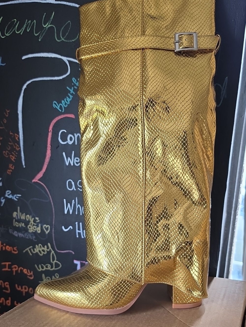Gold Metallic Snakeskin Knee-High Boots